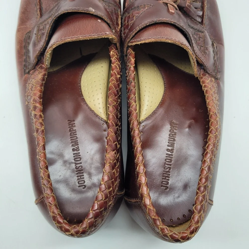Johnston Murphy Mens 10M Brown Leather Tassel Loafers Woven Trim‎ Dress Shoes